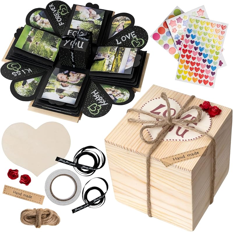 GiftSpace4YOU Black ExplosionBox in Wooden Box – Surprise Box with Photos – Gift Idea – Engagement Birthday Va