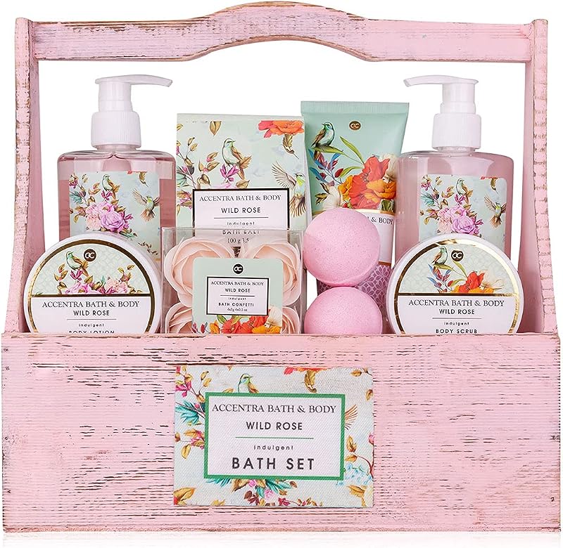 accentra Gift Set - Vintage Florals Wild Rose Scent Bath and Shower Set - 8 Piece Gift Set in Decorative Woode