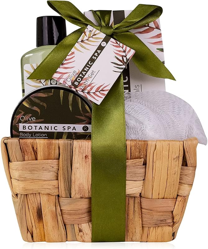 accentra OLIVE SPA Gift Set in Seagrass Basket - Bath and Shower Set - 5 Pieces in a Decorative Seagrass Baske