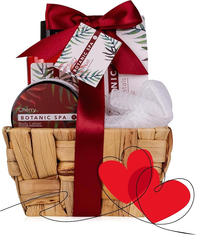 Accentra - CHERRY SPA women's bath set in a basket - 4-piece care set with shower gel, bath salt & body lotion