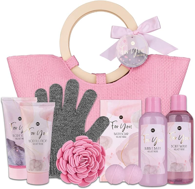 accentra PINK ROSE Bath Set in a Handbag: Shower Gel, Body Milk, Bubble Bath, Body Scrub, Soap, Bath Ball, Spo