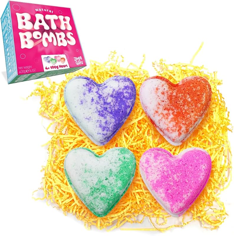 ZIMPLI - GIFTS Gift Set of 4 Large Love Heart Bath Bombs Made in UK, Valentine's Day for Her, Women, Girlfrien