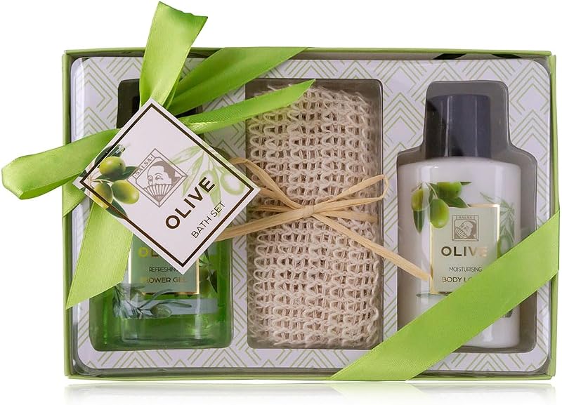 Accentra - Olive Shower Set for Women in a Beautiful Gift Box - 3 Piece Care Kit with Shower Gel, Body Lotion