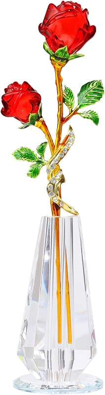 YWHL Handmade Crystal Red Rose Figurine with Vase, Glass Flower Bouquet, Gift for Wife, Girlfriend, Women, Tab