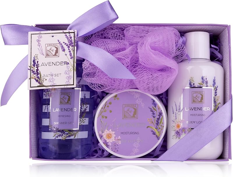 Accentra - Shower Gift Set for Women LAVENDER in a Beautiful Gift Box - Set of 4 Shower Gel, Lotion, Body Butt
