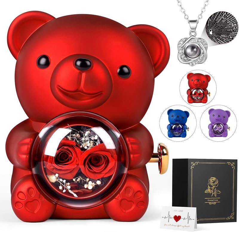 Adorable Teddy Bear with Preserved Pink Gift Box, Romantic Gift for Her and Girlfriend, Eternal Pink Bear, Wed