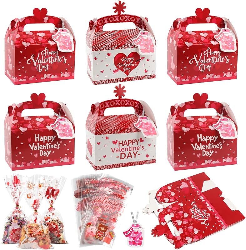 Wlicon 12 Pieces Valentine's Day Gift Boxes Valentine's Day Candy Boxes with 48 Cellophane Bags Biscuit Box fo