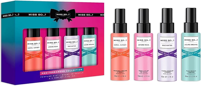 Miss So...? Mediterranean Body Mist Gift Set for Women, Fragrance Sprays, 4 x 50 ml
