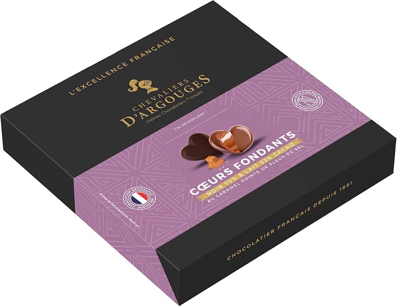 CHEVALIERS D'ARGOUGES Maîtres Chocolatiers Français - Assorted caramel hearts dark chocolate 70% and milk 33% 