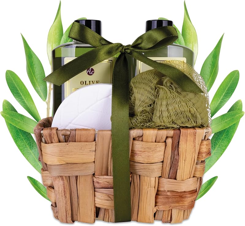Accentra - OLIVE bath set gift for women in a seagrass basket, gift shower set with shower gel, foam bath, bat
