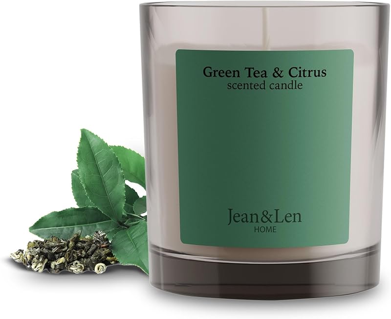 Jean & Len Green Tea & Citrus Candle, Fresh Fragrance, Vegan, 195 g | Made with Shea Butter, Burn Time Approx