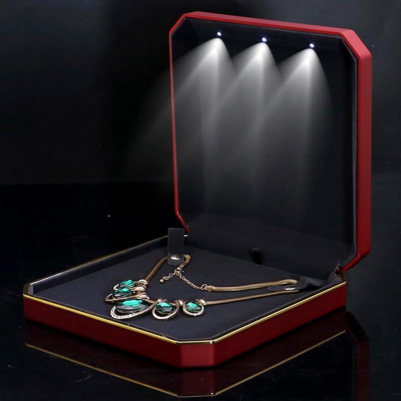 Jewellery Box with LED Light for Necklace - Luxury Gift Box with Black Velvet Interior - Ideal for Wedding, Bi