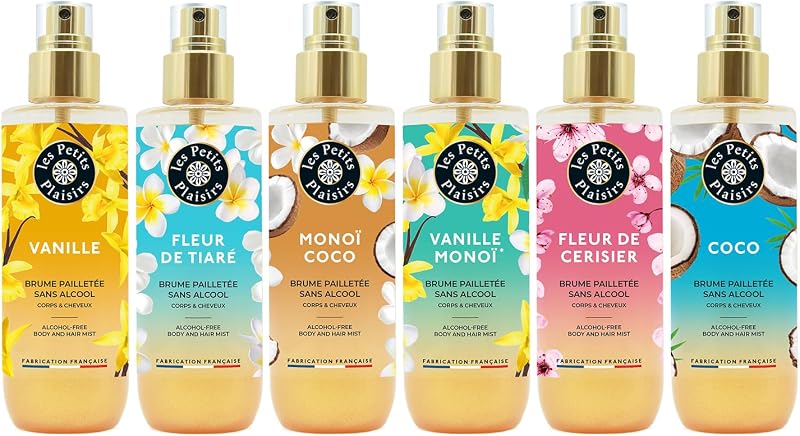 Les Petits Plaisirs - Set of 6 (1 free) - Glitter mists, Monoi Vanilla, Monoi Coco, Cherry Blossom, Tiare Flow