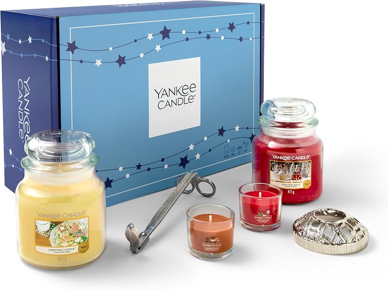 Yankee Candle Christmas Gift Set - 2 Scented Medium Jar Candles2 Filled Candles One Wick Cutter and Illuma Can