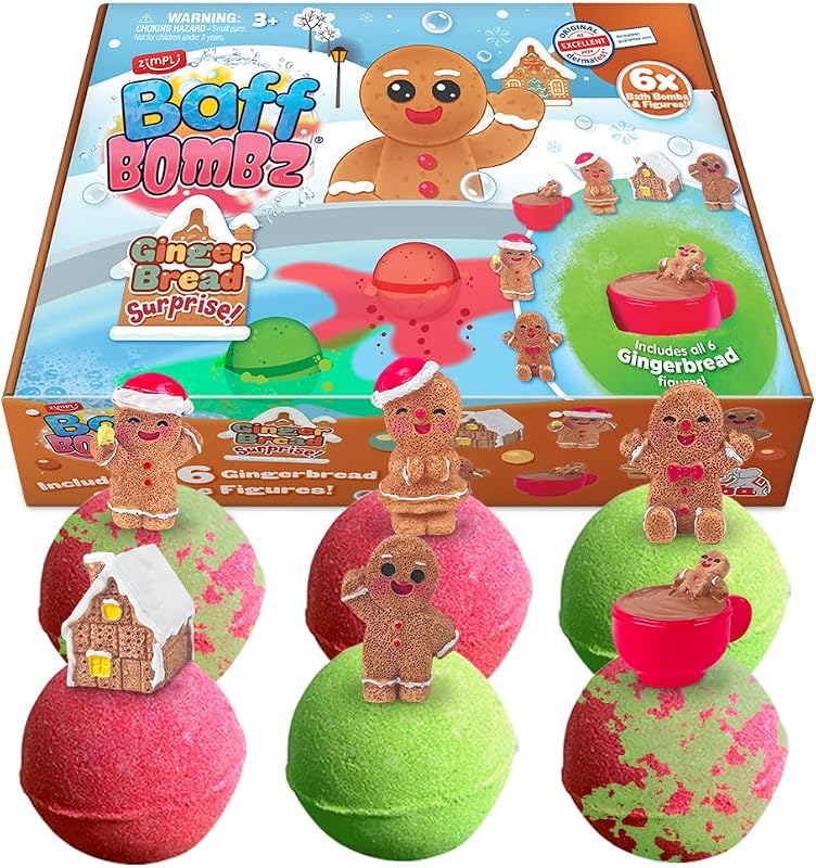ZIMPLI 6 Christmas Surprise Gingerbread Bath Bombs, Gift Set, 1 Gingerbread Toy to Collect Among 6, Sparkling 