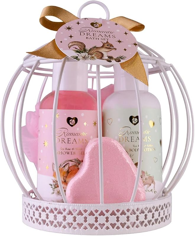 accentra ROMANTIC DREAMS Birdcage Bath Set, Including Shower Gel, Body Lotion, Bath Bomb, Sponge Net, Women Gi