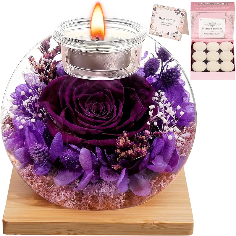 Preserved Eternal Rose Real Rose Gift Set with Glass Dome and 18 Scented Candles (9 Rose, 9 Vanilla), Gift for