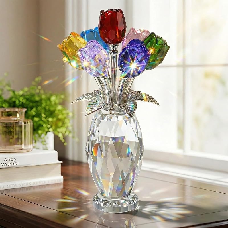 Crystal Rose Figurine Flower Decoration Colorful Glass Handmade Flower Ornament Valentine's Day Wedding Home D