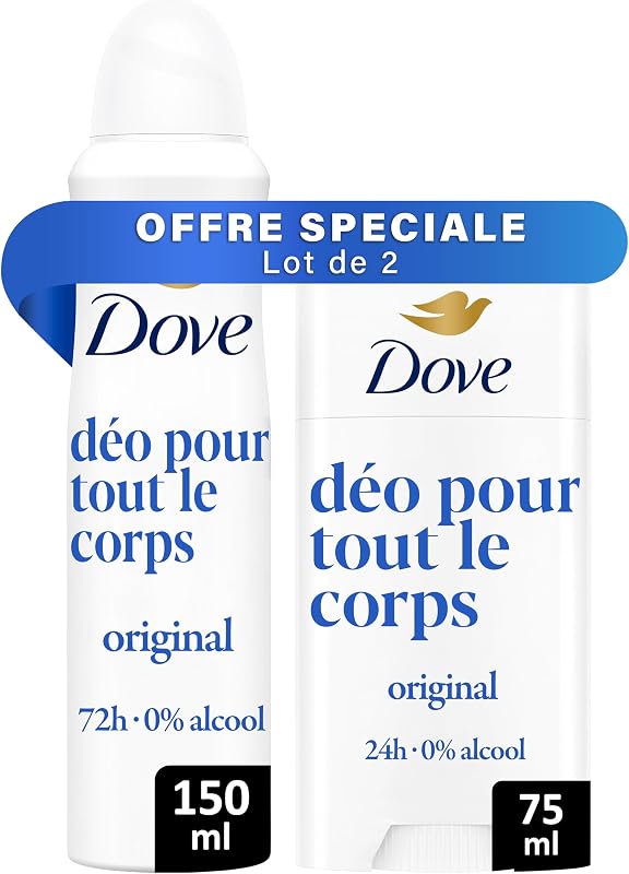 DOVE - Set of 2 Original Whole Body Deodorants - 1x Spray 150ml + 1x Stick 75ml - Anti Odors and White Traces