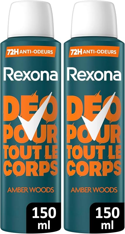Rexona Men Amber Woods Full Body Deodorant Spray 72-Hour Odour Protection Alcohol-Free Anti-Fingerprint Can Be
